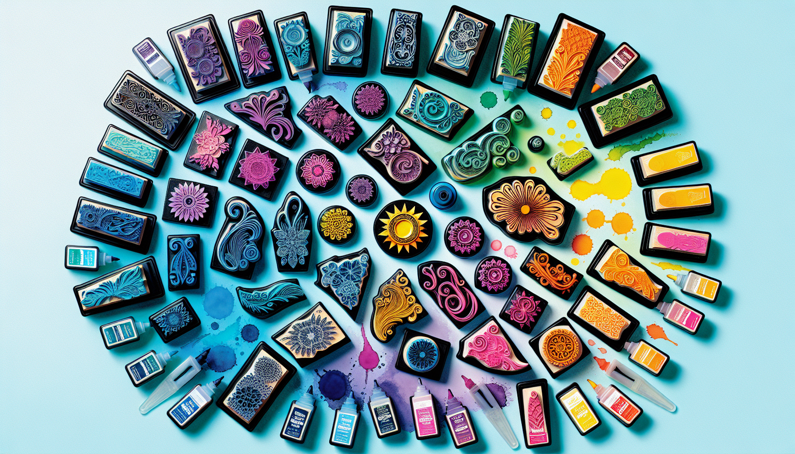 Colorful collection of acrylic and rubber cling stamps with vibrant ink pads