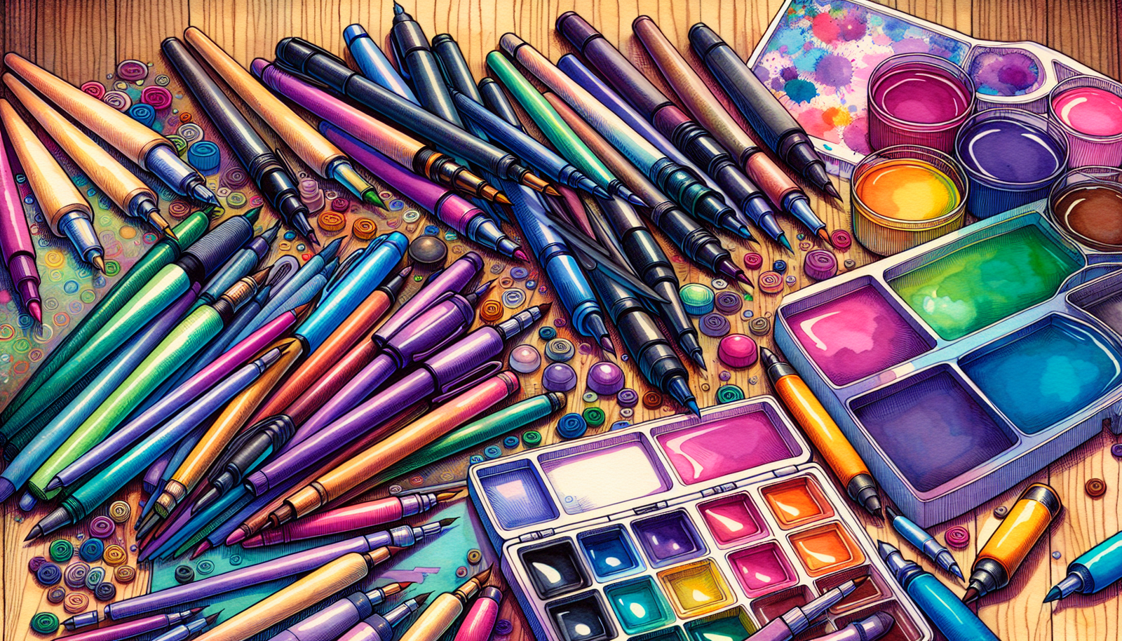 Diverse range of coloring tools including markers, pens, and watercolors